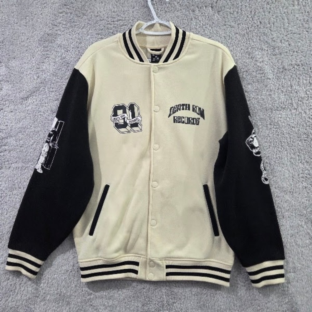 Death Row Records Varsity Jacket Men's Medium Cream Black Graphic Bomber Hip Hop
